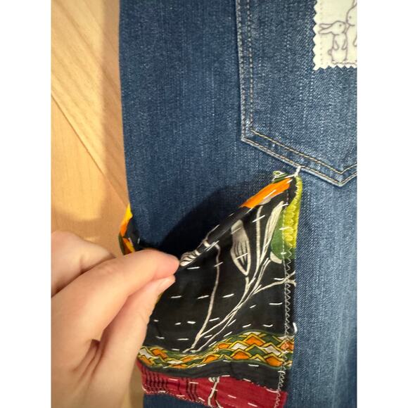 Upcycled Long Denim Skirt with Kantha Patches and Ruffle Hem | Size 16 - Picture 8 of 15